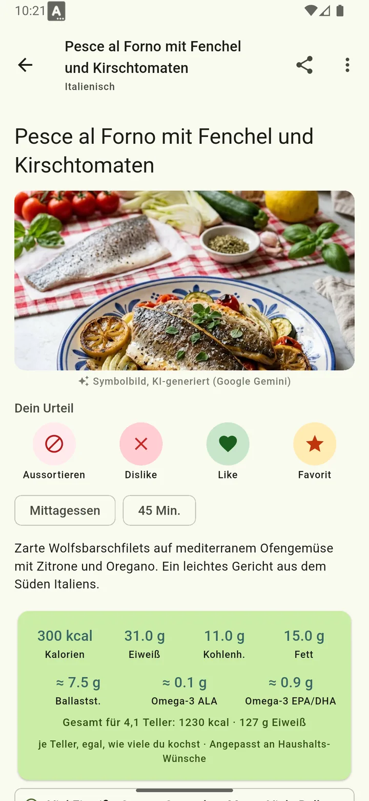 Die Nährwertkarte eines Rezepts in KernBite: Kalorien, Eiweiß, Kohlenhydrate und Fett in einer Zeile, darunter Ballaststoffe, Omega-3 ALA und Omega-3 EPA/DHA, ganz unten die Gesamtmenge für alle Teller des Haushalts