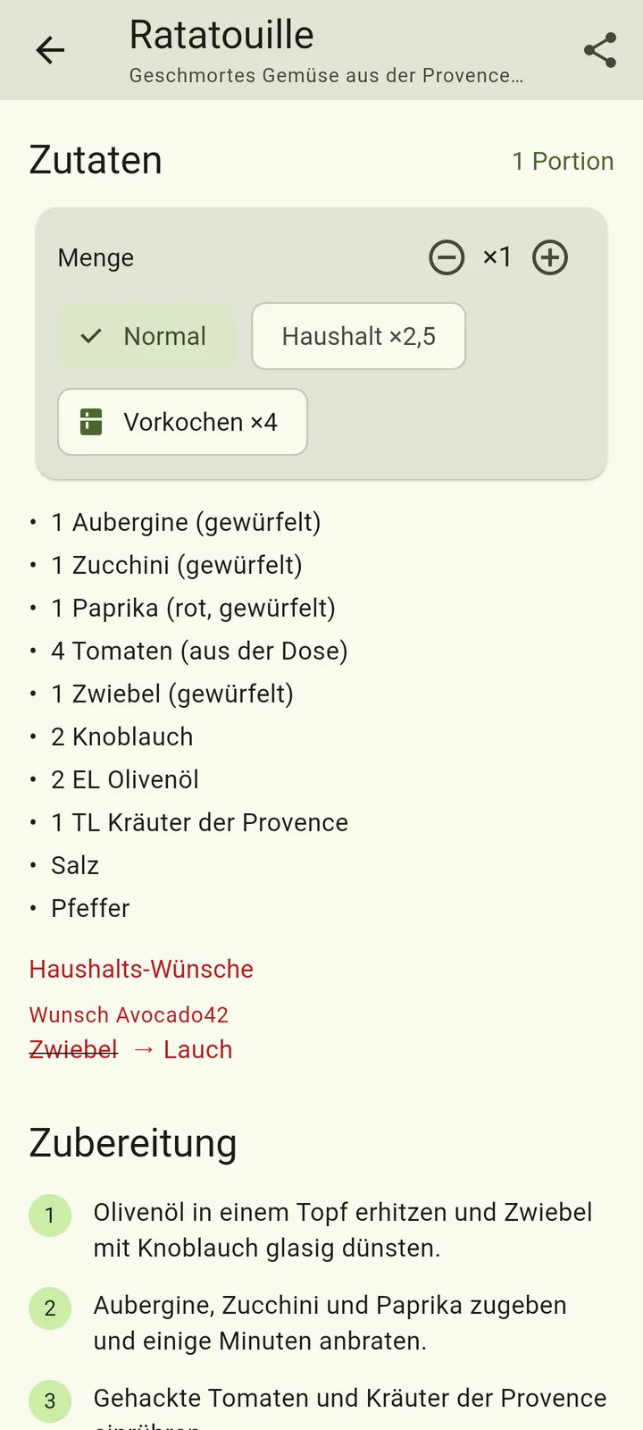 Die Zutatenliste eines Rezepts in KernBite, darunter der Abschnitt Haushalts-Wünsche mit durchgestrichener Zwiebel und dem Ersatz Lauch