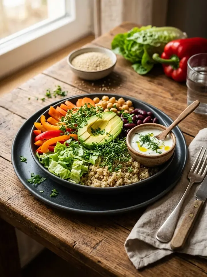 Buddha Bowl mit Avocado und Joghurtdip, angerichtet
